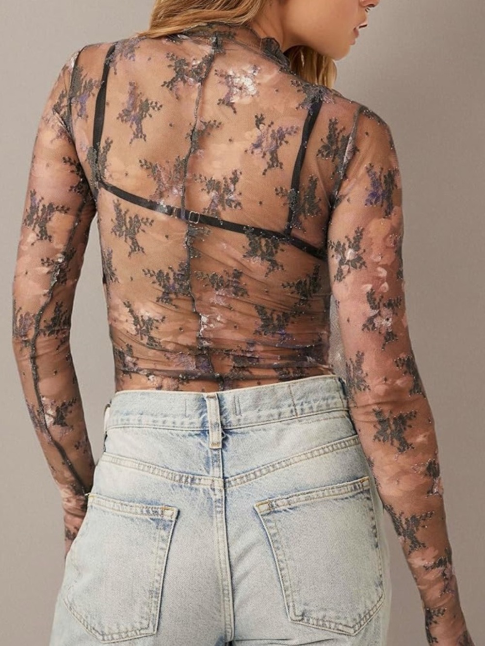 Free People Lady Lux Layering Sheer Black Floral Mesh Long-Sleeve Top M - Picture 4 of 8